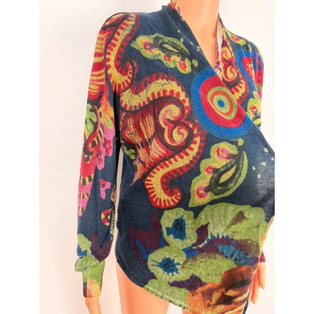 Desigual Rhinestone-Embellished Art Print Wrap Cardigan Sweater Metallic - Picture 9 of 12